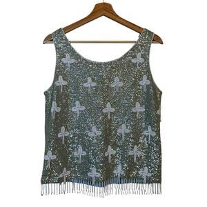VTG Regalia Imports Floral Beaded Sleeveless Top Small Sequin 100% Wool Fringe